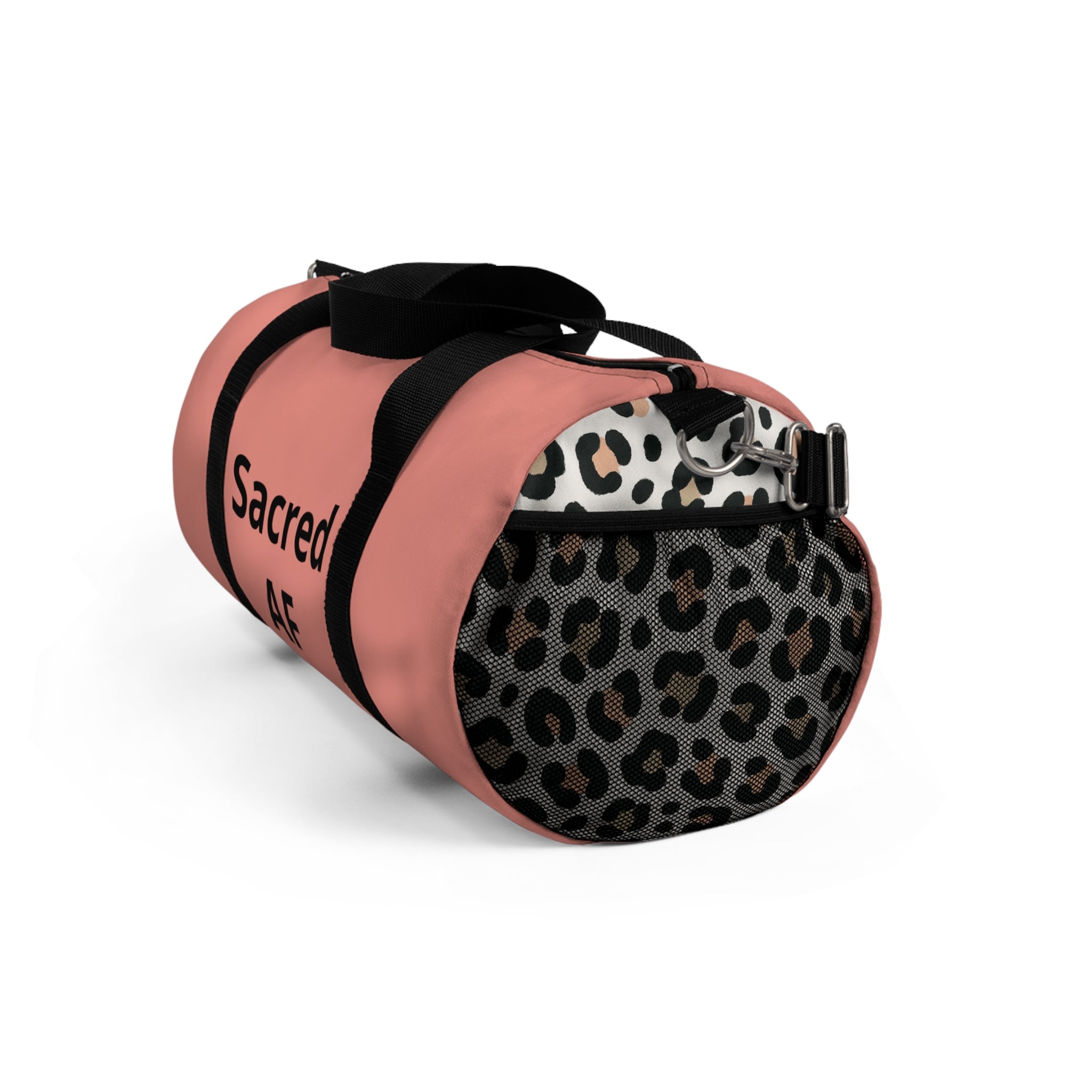 "Sacred AF" Coral & Leopard Accent Duffel Bag — Lightweight Travel & Gym Overnight Bag