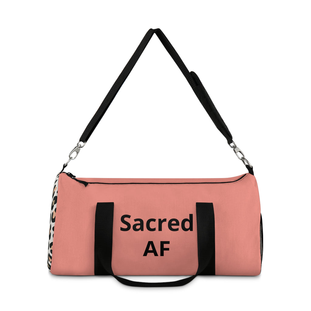 "Sacred AF" Coral & Leopard Accent Duffel Bag — Lightweight Travel & Gym Overnight Bag