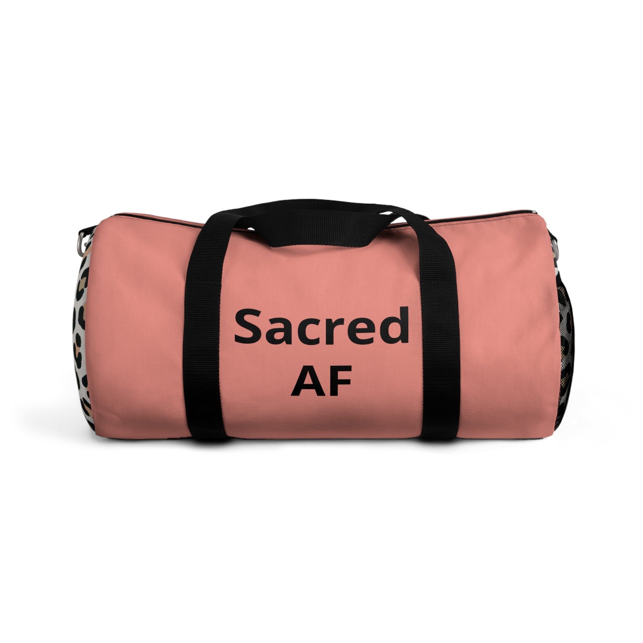 "Sacred AF" Coral & Leopard Accent Duffel Bag — Lightweight Travel & Gym Overnight Bag